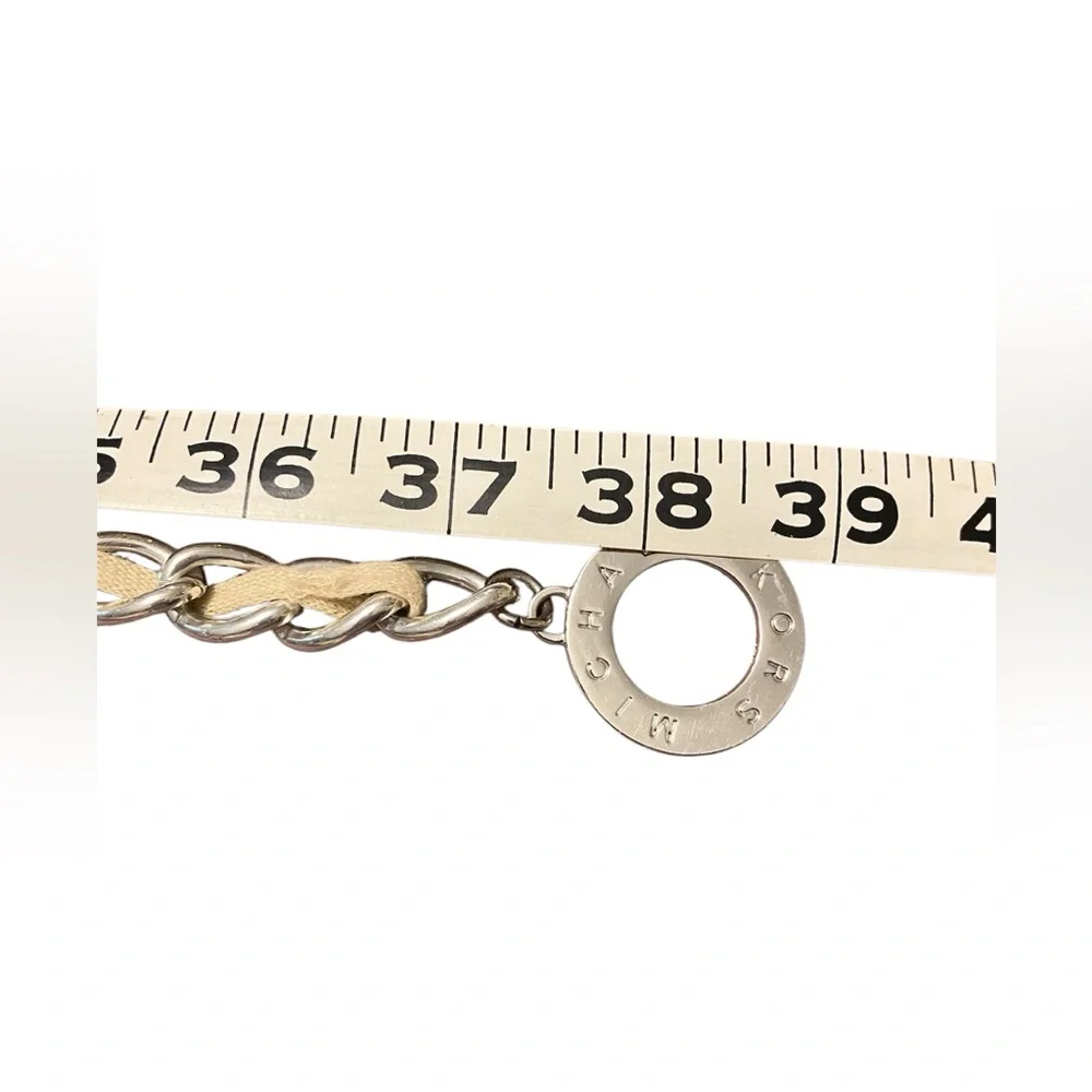 Michael Kors Silver-Tone Chain Belt with Beige Fabric Weave